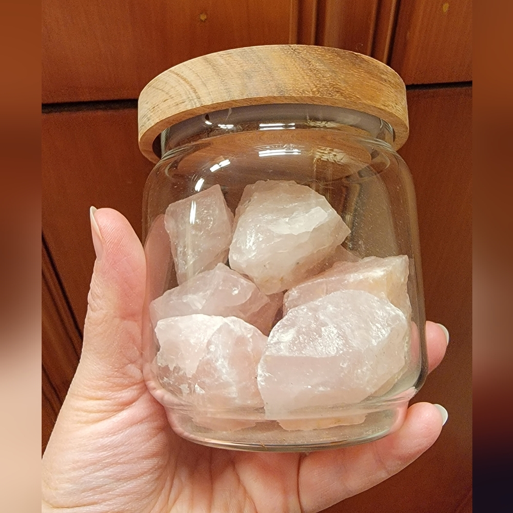 10 Rough Rose Quartz in Glass Jar